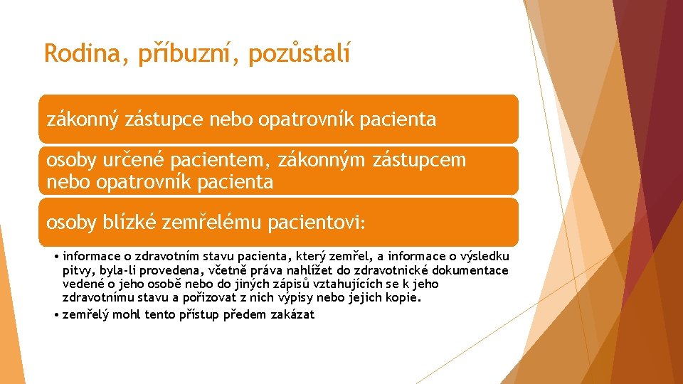 Rodina, příbuzní, pozůstalí zákonný zástupce nebo opatrovník pacienta osoby určené pacientem, zákonným zástupcem nebo