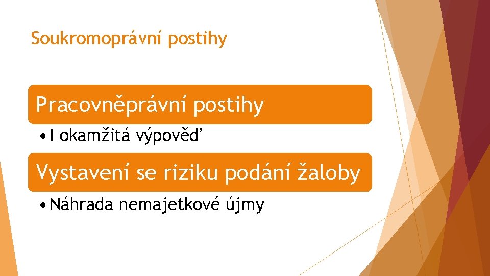 Soukromoprávní postihy Pracovněprávní postihy • I okamžitá výpověď Vystavení se riziku podání žaloby •