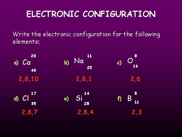 ELECTRONIC CONFIGURATION Write the electronic configuration for the following elements; a) Ca 20 b)