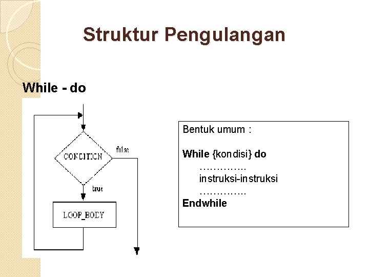 Struktur Pengulangan While - do Bentuk umum : While {kondisi} do …………. . instruksi-instruksi