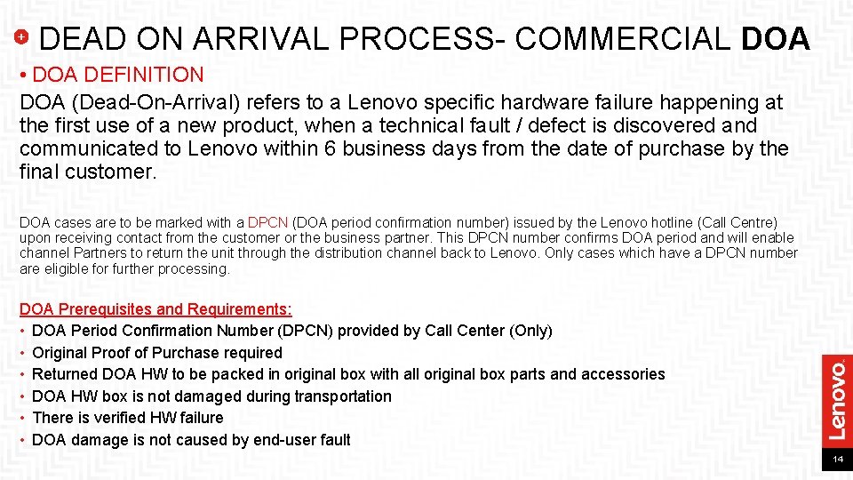 DEAD ON ARRIVAL PROCESS- COMMERCIAL DOA • DOA DEFINITION DOA (Dead-On-Arrival) refers to a