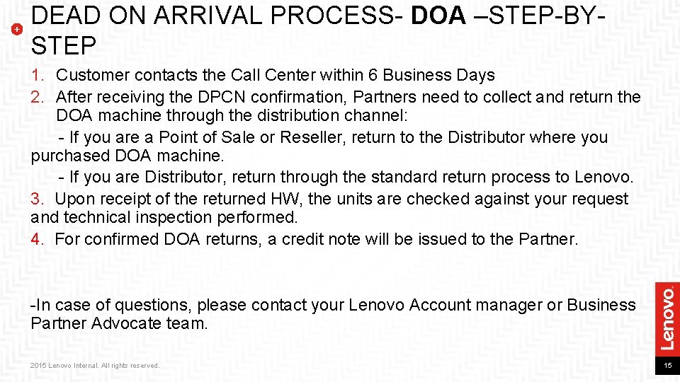 DEAD ON ARRIVAL PROCESS- DOA –STEP-BYSTEP 1. Customer contacts the Call Center within 6