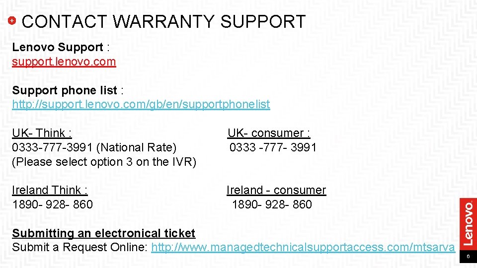 CONTACT WARRANTY SUPPORT Lenovo Support : support. lenovo. com Support phone list : http: