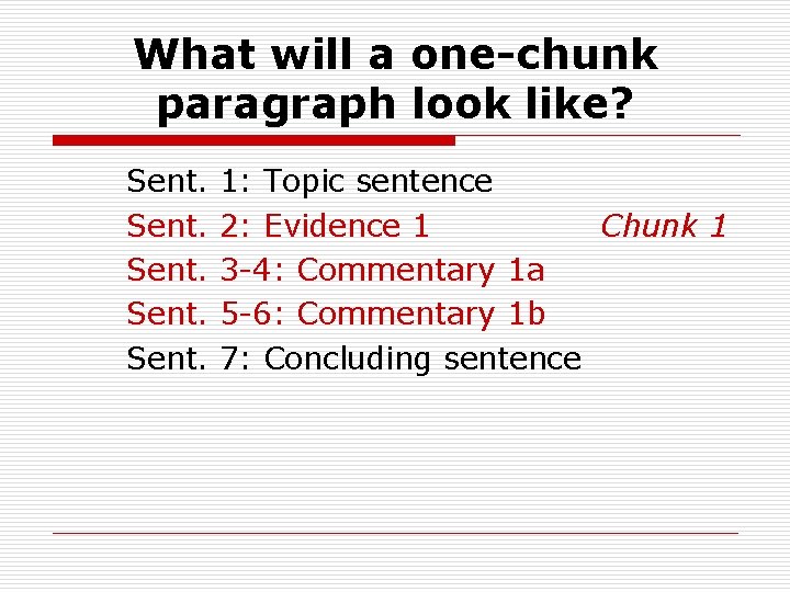 What will a one-chunk paragraph look like? Sent. 1: Topic sentence 2: Evidence 1