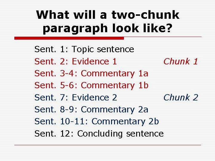 What will a two-chunk paragraph look like? Sent. 1: Topic sentence 2: Evidence 1