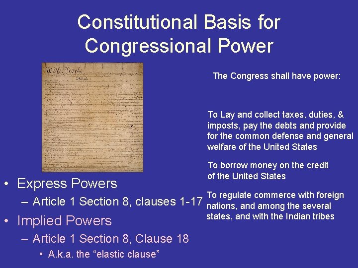 Constitutional Basis for Congressional Power The Congress shall have power: To Lay and collect