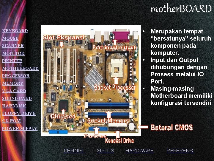 mother. BOARD • Merupakan tempat “bersatunya” seluruh komponen pada komputer. • Input dan Output