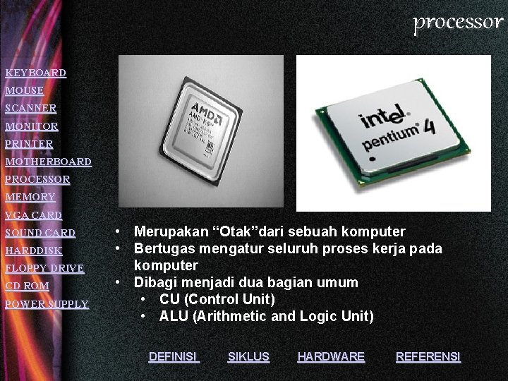 processor KEYBOARD MOUSE SCANNER MONITOR PRINTER MOTHERBOARD PROCESSOR MEMORY VGA CARD SOUND CARD HARDDISK