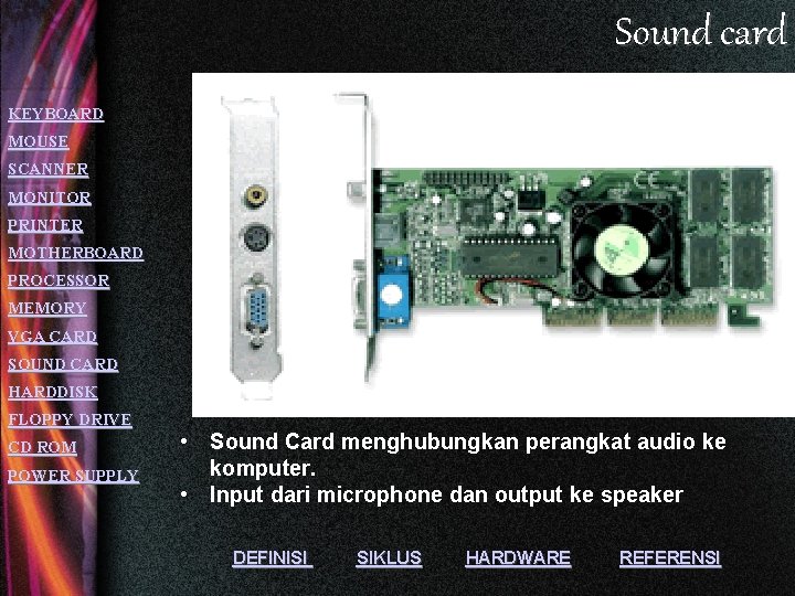 Sound card KEYBOARD MOUSE SCANNER MONITOR PRINTER MOTHERBOARD PROCESSOR MEMORY VGA CARD SOUND CARD