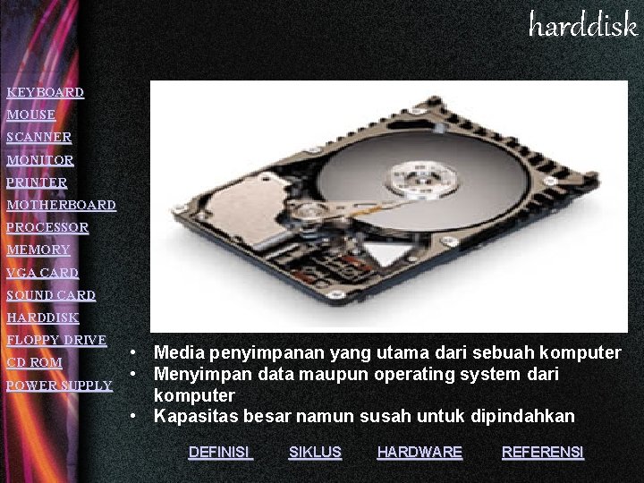 harddisk KEYBOARD MOUSE SCANNER MONITOR PRINTER MOTHERBOARD PROCESSOR MEMORY VGA CARD SOUND CARD HARDDISK