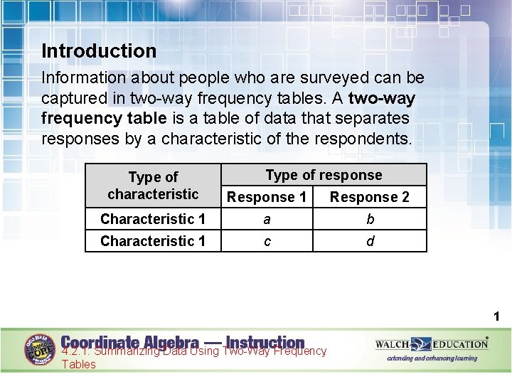 Introduction Information about people who are surveyed can be captured in two-way frequency tables.