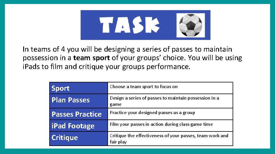 In teams of 4 you will be designing a series of passes to maintain