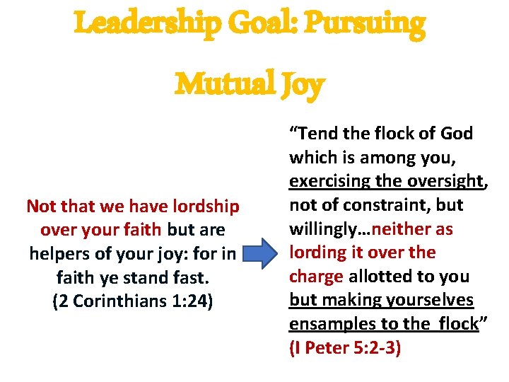 Leadership Goal: Pursuing Mutual Joy Not that we have lordship over your faith but