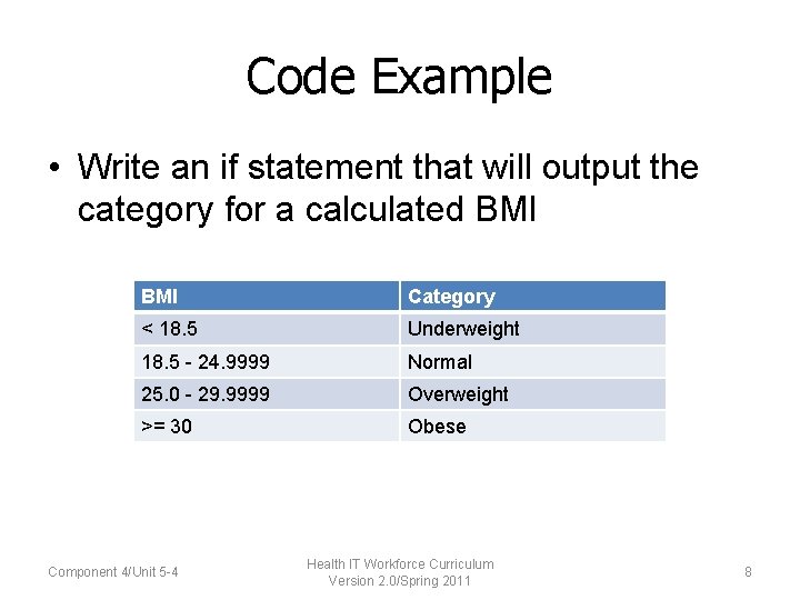 Code Example • Write an if statement that will output the category for a