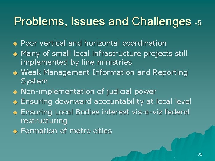 Problems, Issues and Challenges -5 u u u u Poor vertical and horizontal coordination