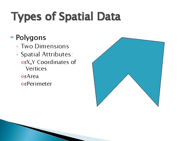 Types of Spatial Data Polygons ◦ Two Dimensions ◦ Spatial Attributes: X, Y Coordinates