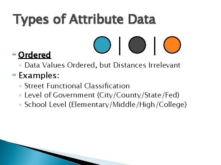 Types of Attribute Data Ordered ◦ Data Values Ordered, but Distances Irrelevant Examples: ◦