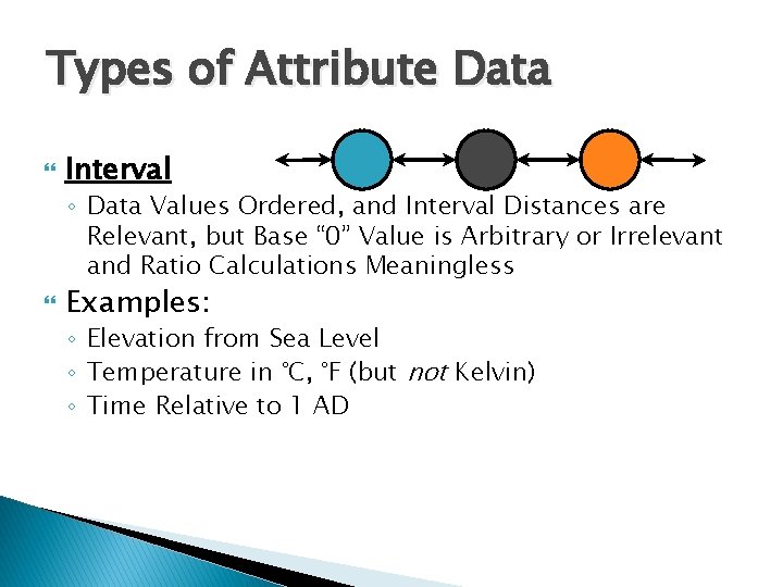 Types of Attribute Data Interval ◦ Data Values Ordered, and Interval Distances are Relevant,