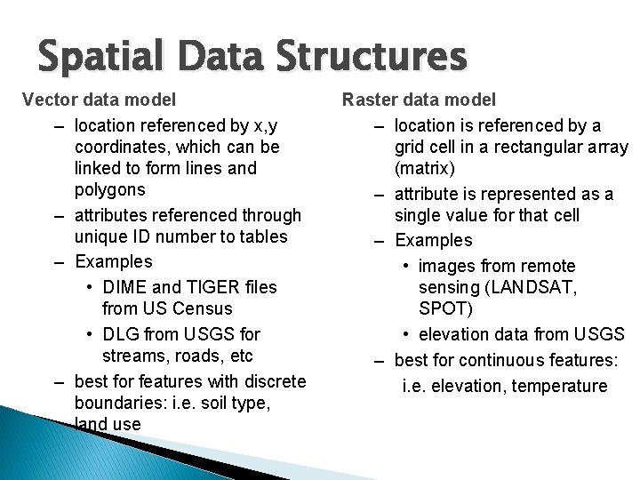 Spatial Data Structures Vector data model – location referenced by x, y coordinates, which