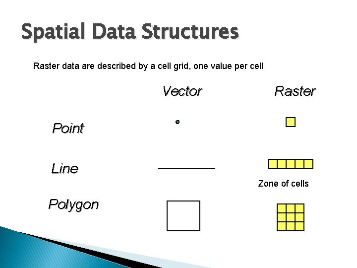 Spatial Data Structures Raster data are described by a cell grid, one value per