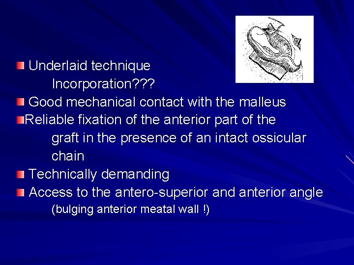 Underlaid technique Incorporation? ? ? Good mechanical contact with the malleus Reliable fixation of