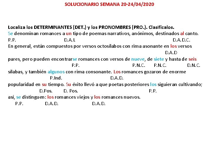SOLUCIONARIO SEMANA 20 -24/04/2020 Localiza los DETERMINANTES (DET. ) y los PRONOMBRES (PRO. ).