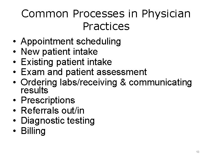 Common Processes in Physician Practices • • • Appointment scheduling New patient intake Existing