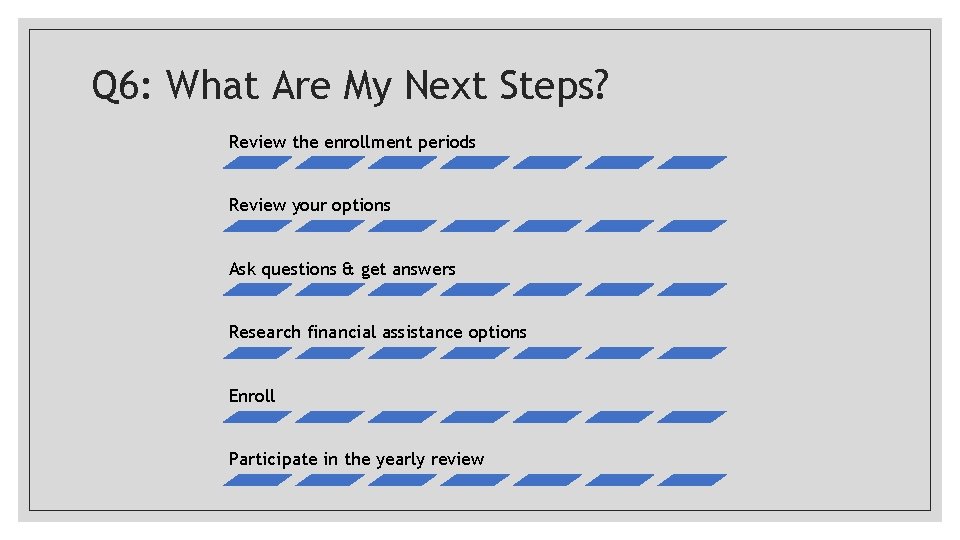 Q 6: What Are My Next Steps? Review the enrollment periods Review your options