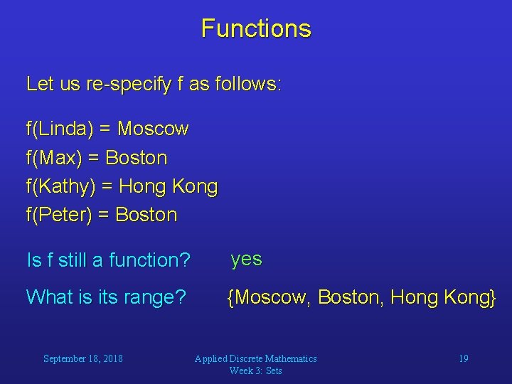 Functions Let us re-specify f as follows: f(Linda) = Moscow f(Max) = Boston f(Kathy)