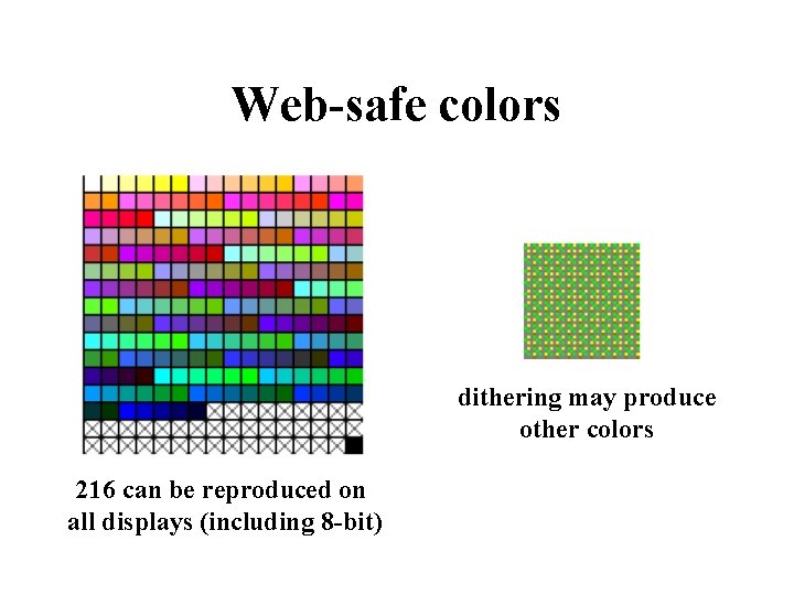 Web-safe colors dithering may produce other colors 216 can be reproduced on all displays