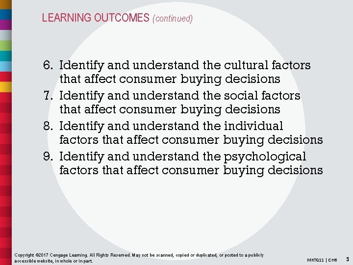 LEARNING OUTCOMES (continued) 6. Identify and understand the cultural factors that affect consumer buying