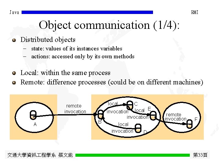 Java RMI Object communication (1/4): Distributed objects - state: values of its instances variables