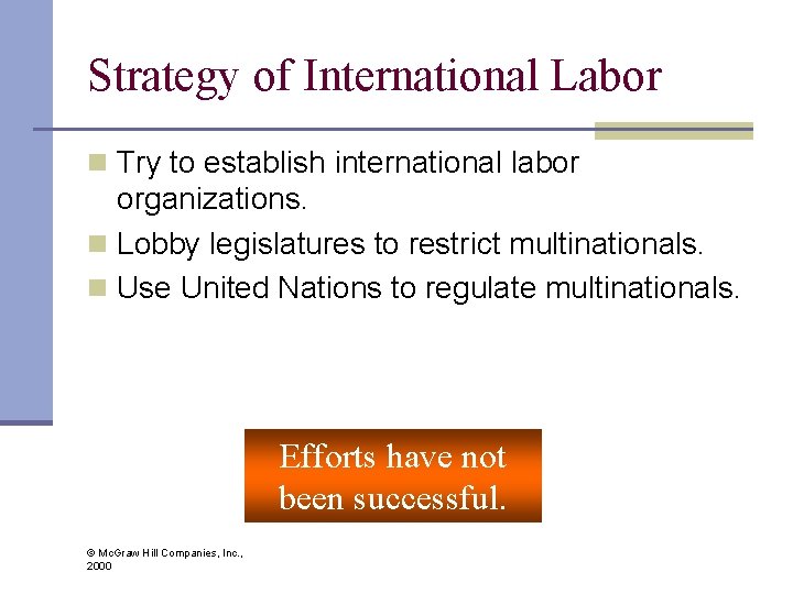 Strategy of International Labor n Try to establish international labor organizations. n Lobby legislatures