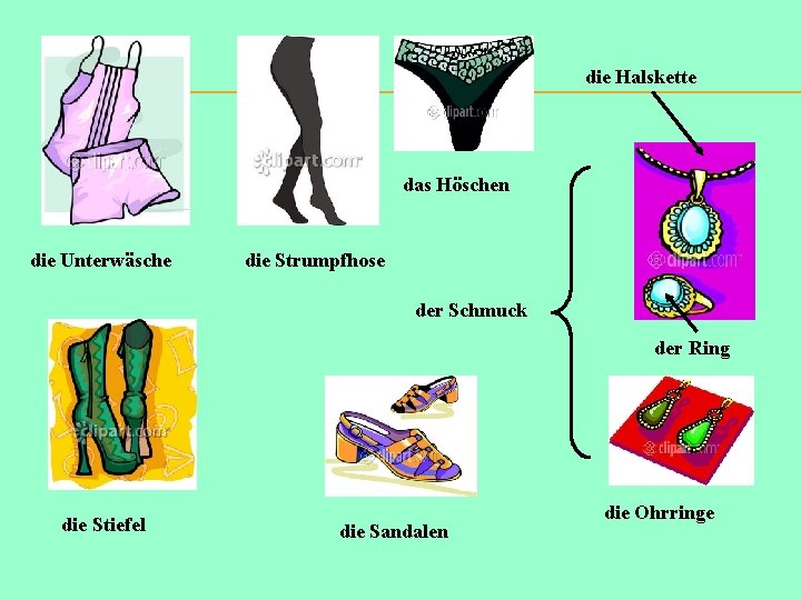 die Halskette das Höschen die Unterwäsche die Strumpfhose der Schmuck der Ring die Stiefel