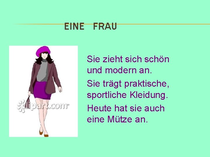 EINE FRAU Sie zieht sich schön und modern an. Sie trägt praktische, sportliche Kleidung.