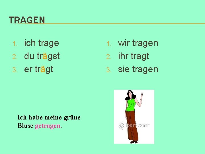 TRAGEN 1. 2. 3. ich trage du trägst er trägt Ich habe meine grüne