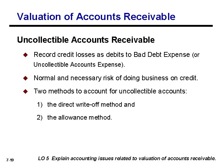 Valuation of Accounts Receivable Uncollectible Accounts Receivable u Record credit losses as debits to