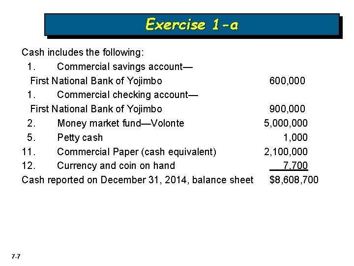 Exercise 1 -a Cash includes the following: 1. Commercial savings account— First National Bank