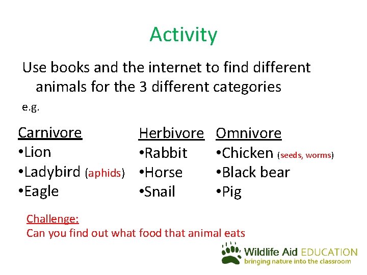 Activity Use books and the internet to find different animals for the 3 different