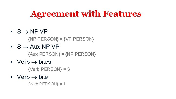 Agreement with Features • S NP VP {NP PERSON} = {VP PERSON} • S