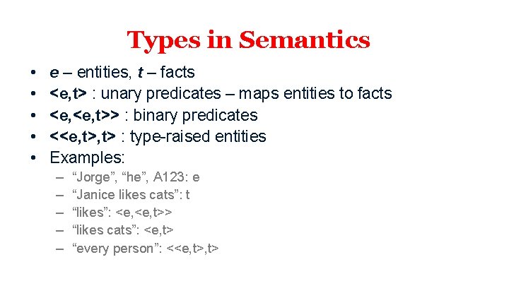 Types in Semantics • • • e – entities, t – facts <e, t>