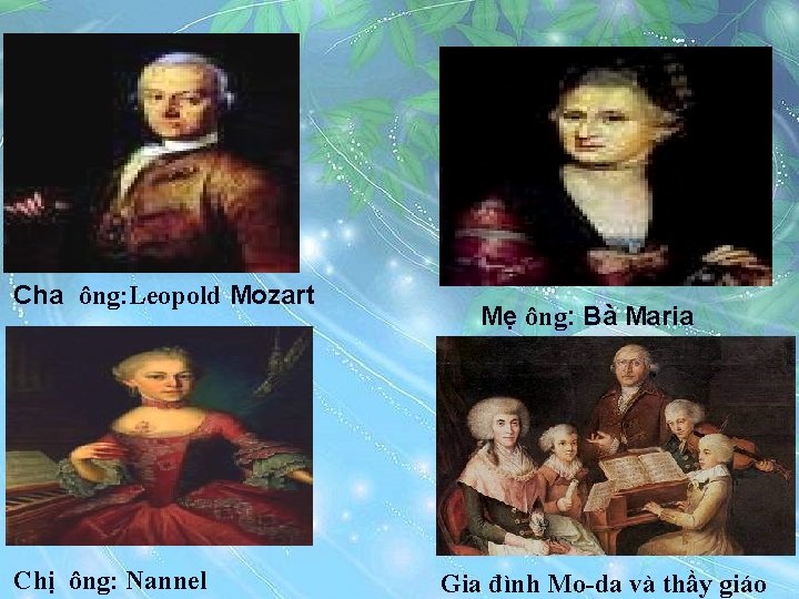 Cha ông: Leopold Mozart Chị ông: Nannel Mẹ ông: Bà Maria Gia đình Mo-da