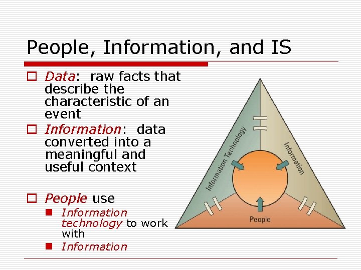 People, Information, and IS o Data: raw facts that describe the characteristic of an