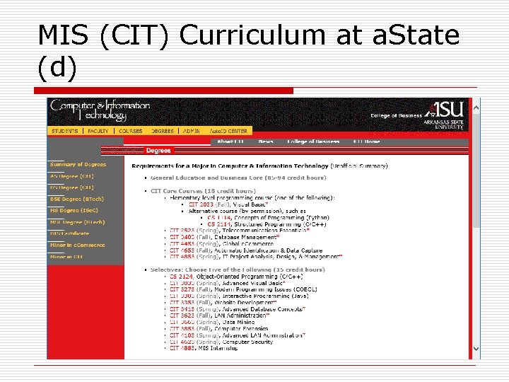 MIS (CIT) Curriculum at a. State (d) 