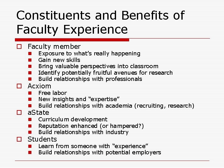 Constituents and Benefits of Faculty Experience o Faculty member n n n Exposure to