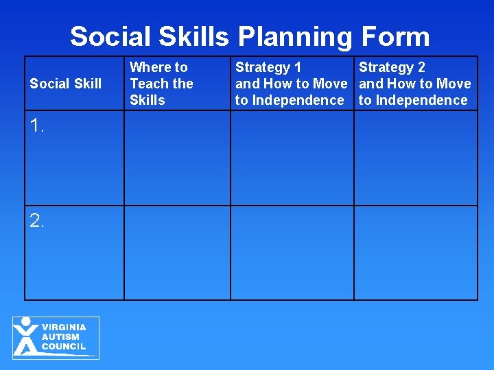 Social Skills Planning Form Social Skill 1. 2. Where to Teach the Skills Strategy
