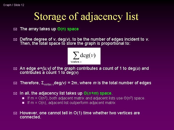 Graph / Slide 12 Storage of adjacency list * The array takes up Θ(n)