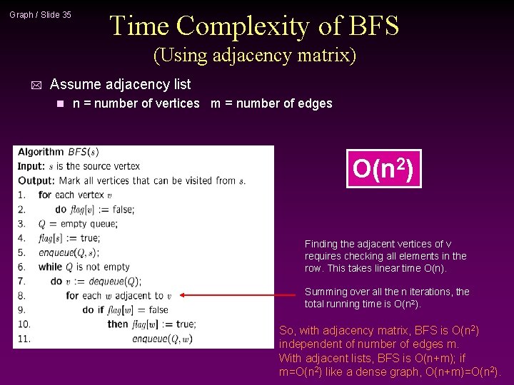 Graph / Slide 35 Time Complexity of BFS (Using adjacency matrix) * Assume adjacency