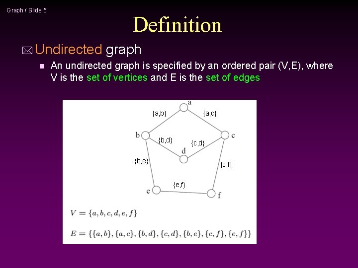 Graph / Slide 5 Definition * Undirected n graph An undirected graph is specified