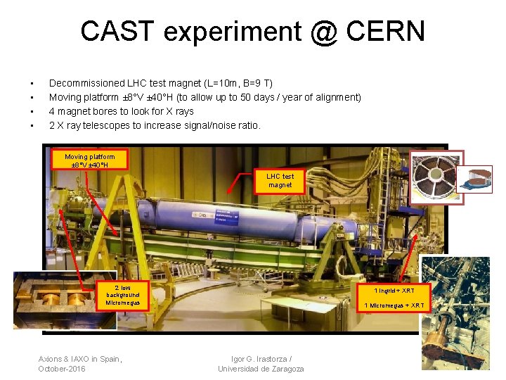 CAST experiment @ CERN • • Decommissioned LHC test magnet (L=10 m, B=9 T)